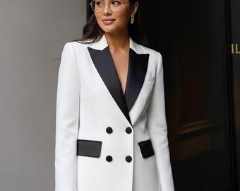 Women’s White Tuxedo Suit | Tailored Blazer & Pants Set | Elegant Power Suit for Wedding, Work Or Formal Events
