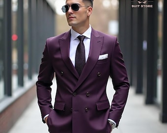 Traje cruzado morado para hombre – Esmoquin de boda de dos piezas de corte entallado – Traje formal a medida