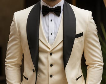 Ivoorcrème 3-delig smokingpak heren | Zwart trouwpak met sjaalrevers | Luxe bruidegom- en formele kleding van RisingSuitStore