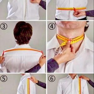 May include: A series of six images demonstrating how to measure a person for a shirt. A yellow and red measuring tape is used to measure the chest, waist, shoulders, neck, sleeve length, and shoulder width. The person is wearing a white dress shirt.