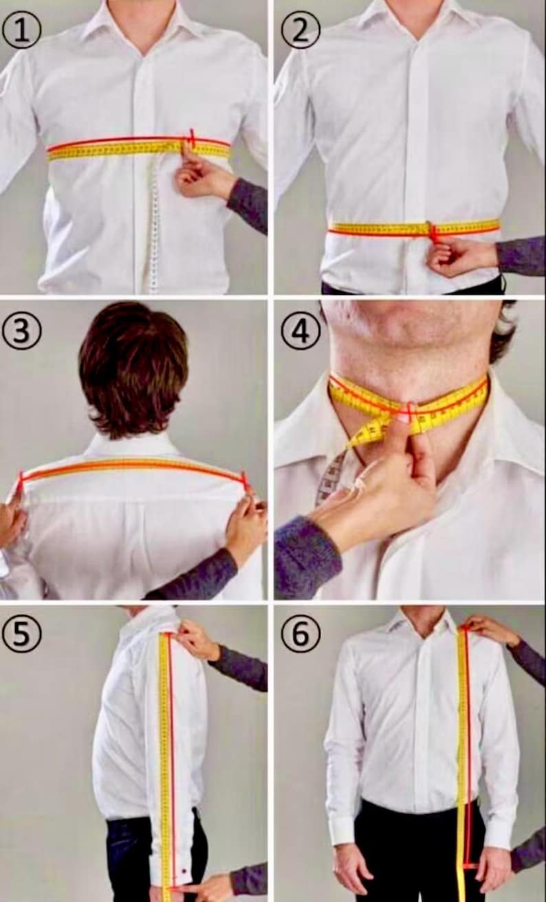 May include: A series of six images demonstrating how to measure a person for a shirt. A yellow and red measuring tape is used to measure the chest, waist, shoulders, neck, sleeve length, and shoulder width. The person is wearing a white dress shirt.