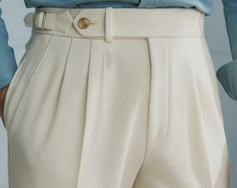 Men’s High Waist Pleated Trousers | Cream Tailored Dress Pants with Side Adjusters | Vintage Old Money Formal Pants
