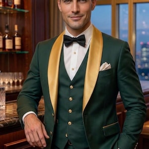 May include: A three-piece emerald green suit with a gold satin lapel and a black bow tie. The suit includes a vest with gold buttons and a white pocket square. A watch is visible on the wrist.