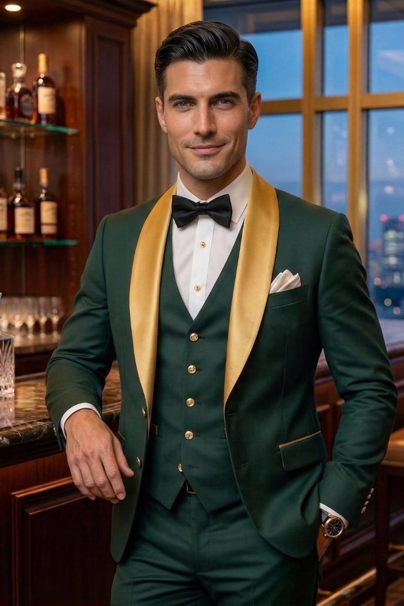 May include: A three-piece emerald green suit with a gold satin lapel and a black bow tie. The suit includes a vest with gold buttons and a white pocket square. A watch is visible on the wrist.