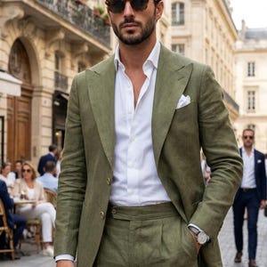 Mens Olive Green Linen Suit, Slim Fit 2 Piece Wedding Suit, Sage Green Groom Suit, Summer Beach Formal Suit, Custom Tailored Prom Outfit