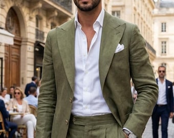 Mens Olive Green Linen Suit, Slim Fit 2 Piece Wedding Suit, Sage Green Groom Suit, Summer Beach Formal Suit, Custom Tailored Prom Outfit