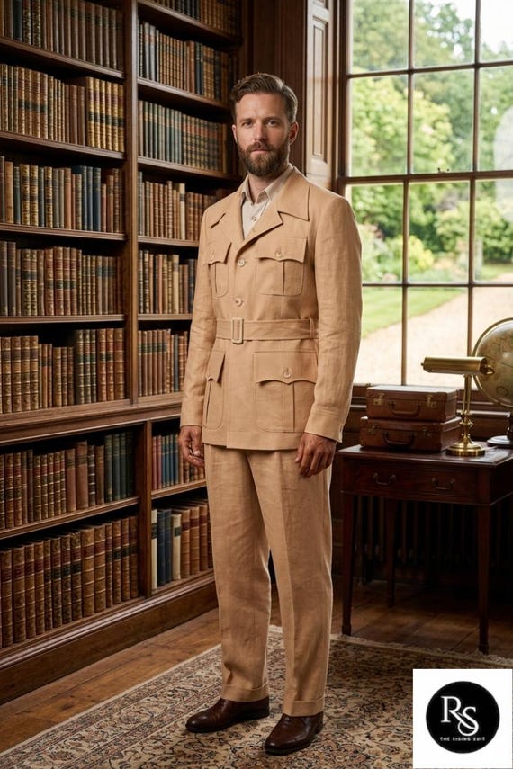 Men’s Linen Safari Suit Set, Beige Safari Jacket and Pants, Old Money Style Mens Suit, Vintage Outfit, Custom Tailored Two Piece Suit