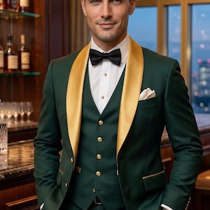 Luxury Emerald Green Tuxedo for Men – Gold Shawl Lapel Wedding Suit, 3 Piece Groom Suit, Mens Prom Tux, Custom Wedding Suit image 5