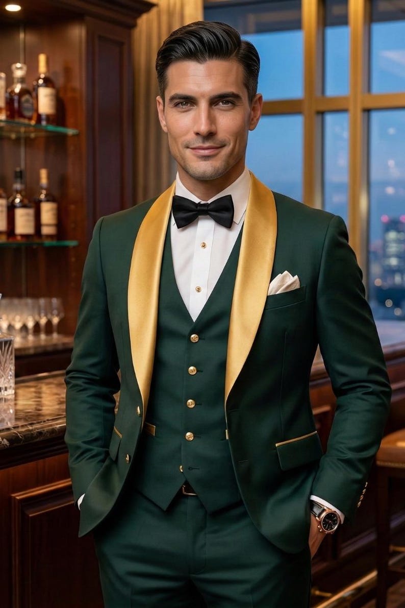 Luxury Emerald Green Tuxedo for Men – Gold Shawl Lapel Wedding Suit, 3 Piece Groom Suit, Mens Prom Tux, Custom Wedding Suit image 5