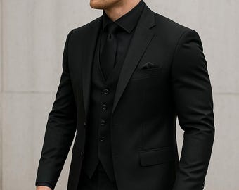 Men’s Classic Black 3 Piece Suit | Slim Fit Wedding Tuxedo | Formal Prom & Business Wear by RisingSuitStore