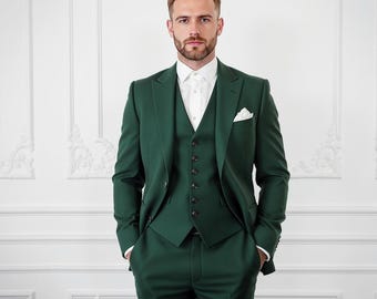 Green 3 Piece Suit for Men | Slim Fit Wedding Suit, Groom & Groomsmen Outfit, Prom or Formal Wear, Custom Tailored