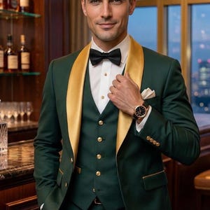 May include: A dark green three-piece suit with gold lapels and gold buttons. The suit includes a vest, jacket, and pants. A black bow tie and a white pocket square complete the look. A gold watch is visible on the wrist.