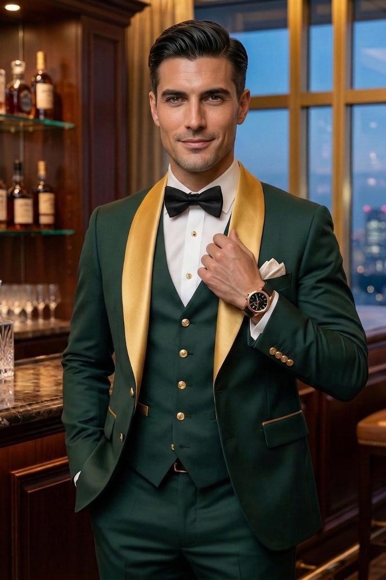 May include: A dark green three-piece suit with gold lapels and gold buttons. The suit includes a vest, jacket, and pants. A black bow tie and a white pocket square complete the look. A gold watch is visible on the wrist.