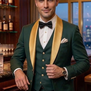 Luxury Emerald Green Tuxedo for Men – Gold Shawl Lapel Wedding Suit, 3 Piece Groom Suit, Mens Prom Tux, Custom Wedding Suit image 2