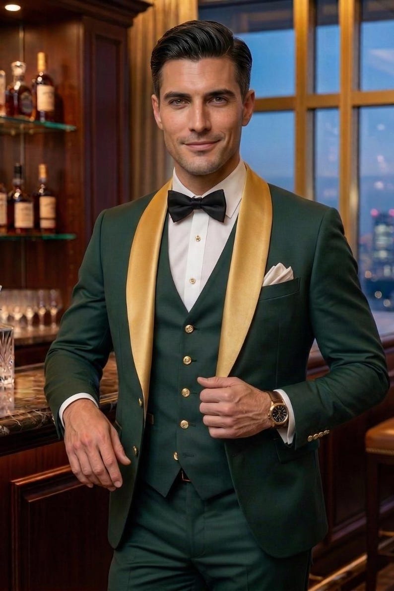 Luxury Emerald Green Tuxedo for Men – Gold Shawl Lapel Wedding Suit, 3 Piece Groom Suit, Mens Prom Tux, Custom Wedding Suit image 2