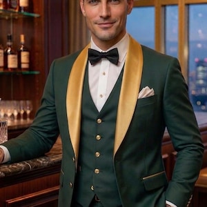 Luxury Emerald Green Tuxedo for Men – Gold Shawl Lapel Wedding Suit, 3 Piece Groom Suit, Mens Prom Tux, Custom Wedding Suit image 1