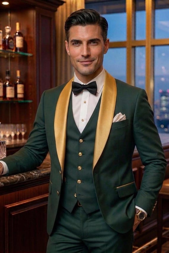 Luxury Emerald Green Tuxedo for Men – Gold Shawl Lapel Wedding Suit, 3 Piece Groom Suit, Mens Prom Tux, Custom Wedding Suit