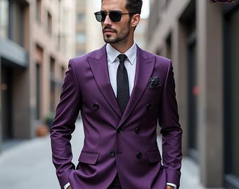 Traje cruzado morado para hombre – Esmoquin de boda de dos piezas de corte entallado – Traje formal a medida