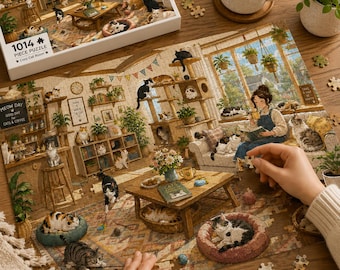 Sunny Cat Café Puzzle – Cozy Cat Lover Jigsaw, Warm Living Room Art, 1014 Pieces
