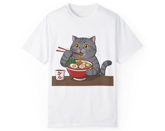 Cute Cat Eating Ramen Unisex T-Shirt, Fun Noodle Shirt, Animal Lover Gift, Japanese Food Tee, Funny Cat Apparel