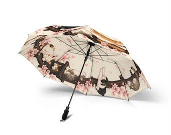 Catwalk Sakura Umbrella – Playful Cats & Cherry Blossoms | Japanese Art Umbrella for Cat Lovers