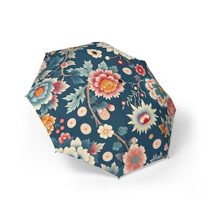 Blossoms of Tradition Umbrella | Semi-Automatic Foldable Rain Umbrella, Stylish Rain Gear, Gift for Her, Travel Accessory, Spring Essentials