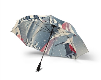 Crane & Fuji Snowfall Umbrella - Traditional Japanese Elegance | Winter Ukiyo-e Parasol