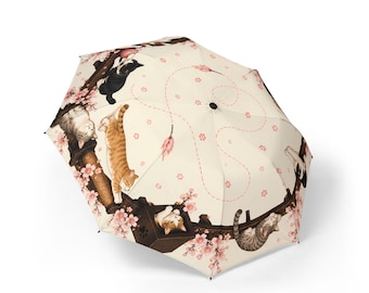 Catwalk Sakura Umbrella – Playful Cats & Cherry Blossoms | Japanese Art Umbrella for Cat Lovers
