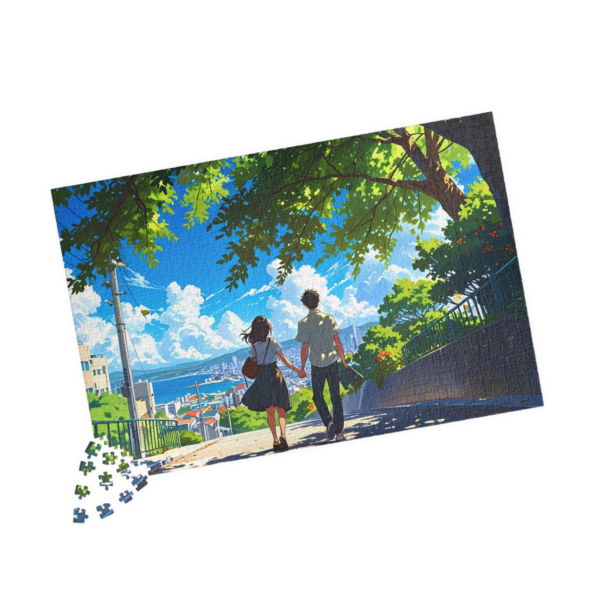 ロマンチックな夏の坂道パズル - アニメ風風景ジグソー、カップル向け 