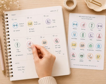 WELLNESS ROUTINE ICONS – Pastel Habit Tracker Sticker Sheet | Wellness & Self-Care Kiss-Cut Stickers