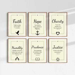 7 Christian Virtues Wall Art Bundle – Catholic Printable Set, Faith, Hope, Charity, Humility, Justice, Temperance, Prudence, Scripture Decor