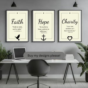 Faith Hope Charity Wall Art Set – Christian Virtues Printable | Minimalist Catholic Bible Verse Decor | Black & White Scripture Prints