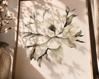Magnolia Wall Art Printable, White Magnolia Flower, Scandinavian Neutral Floral Decor, Watercolor Botanical Art