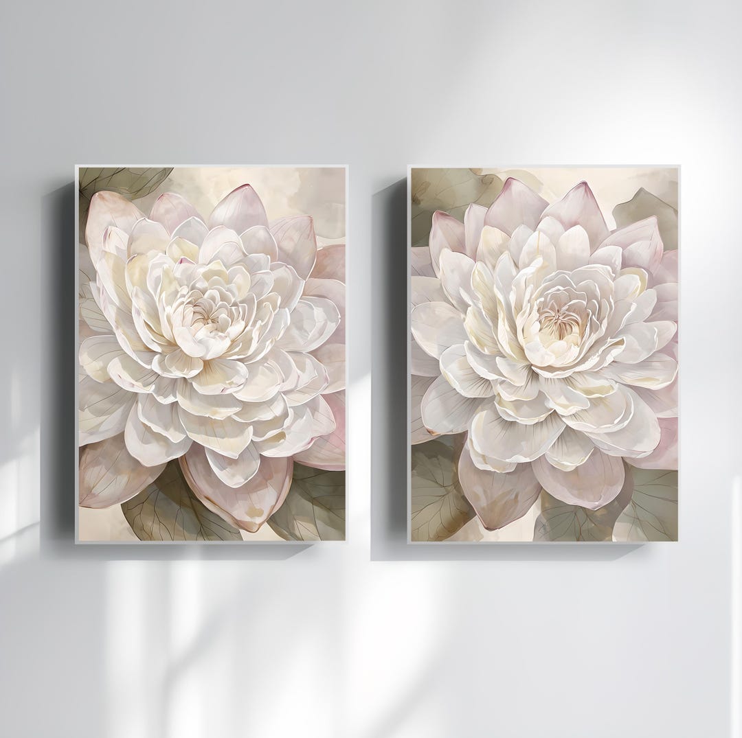 Lotus Wall Art Set of 2, Neutral Floral Prints, Soft Blush Pink ...