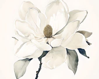 Magnolie Wand Kunst zum ausdrucken, weiße Blume Print, neutrales Blumen Dekor, minimalistische botanische, skandinavische Wandkunst (digitaler Download)