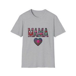 Presente para mães com amor, Dia das Mães, Reuniões de família, Uso diário confortável, Camiseta com estampa de letras, Camiseta de coração, Camiseta floral Mama,