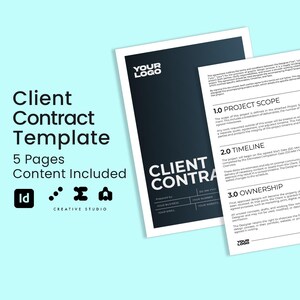May include: A black and white client contract template with the text "Client Contract Template" and "5 Pages Content Included" in a white box. The template includes the text "Project Scope", "Timeline", and "Ownership".
