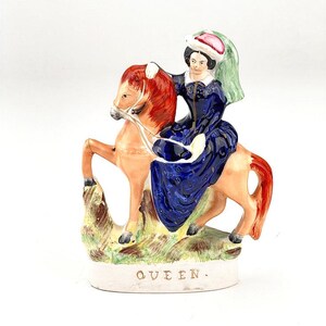 Antique Staffordshire Queen Equestrian Figurine | Victorian Flatback | Queen Victoria on Horseback | circa 1860s English Pottery