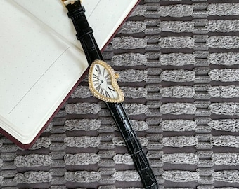 Surrealist Melting Gold Watch: Dali Inspired Design, Black Leather Strap