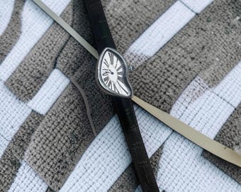 Melting Watch Dali-Inspired | Surrealist Dial Black Leather Strap | Salvador Dali Art Watch Gift