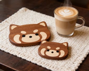 Personalized red panda coaster table mat, wooden, gift for animal lovers, gift for home