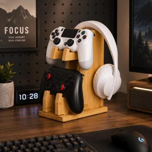 Personalized Wooden Headphones Holder and Controller Stand, Controller and Headset Stand, Gaming Controller Holder, Christmas Gift for him 2-Tier Bamboo Stand