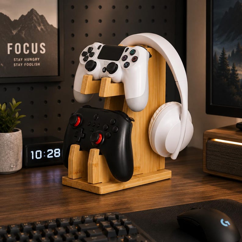 Personalized Wooden Headphones Holder and Controller Stand, Controller and Headset Stand, Gaming Controller Holder, Christmas Gift for him 2-Tier Bamboo Stand