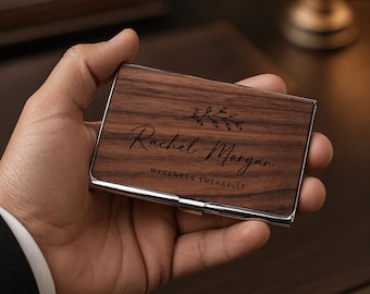 Tarjetero/estuche de madera personalizado: nombre/logotipo grabado. Regalo ideal para profesionales, hombres, mujeres, padres, novios y empresas.