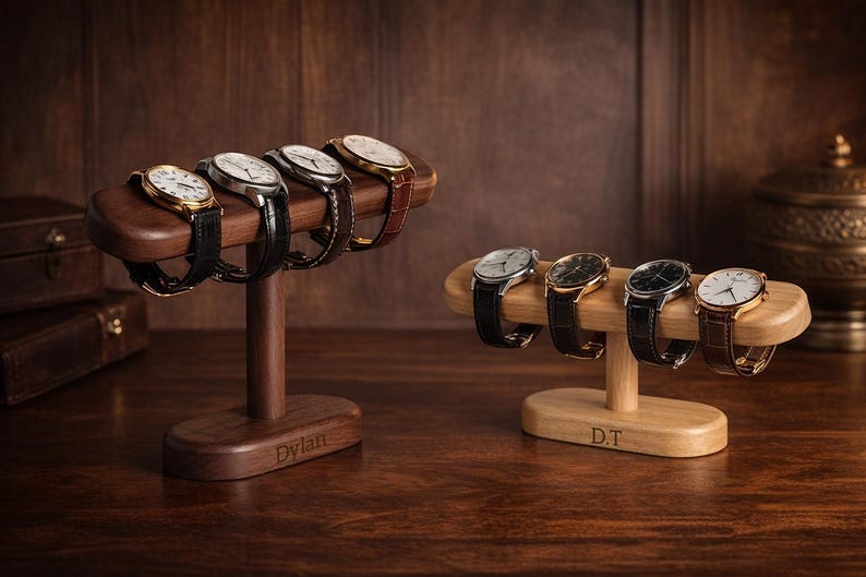 May include: Two wooden watch stands displaying several wristwatches. One stand is dark brown and holds five watches, while the other is light brown and holds four. The stands are personalized with names.