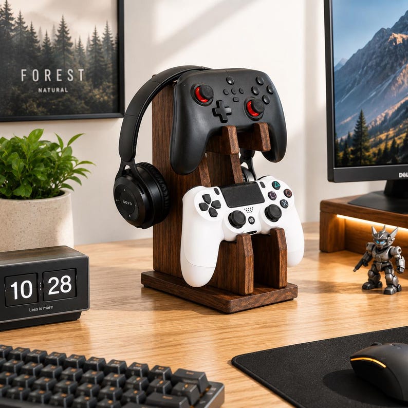 May include: A dark brown wooden gaming stand featuring a vertical support structure designed to hold one pair of black over-ear headphones, one black wireless game controller with red accents, and one white wireless game controller.