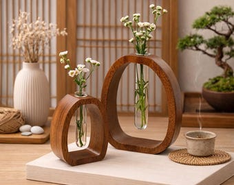 Aanpasbare walnoothouten reageerbuisvazen, modern minimalistisch bloemendisplay, Moederdagcadeau.