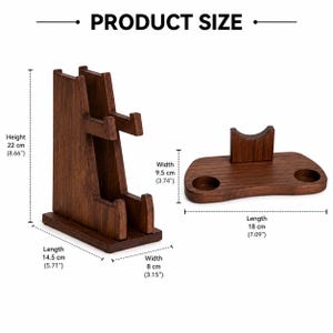 May include: A dark brown wooden stand with a vertical holder and a separate horizontal base with two circular cutouts. The vertical piece is 8.66 inches high, 5.71 inches long, and 3.15 inches wide. The horizontal piece is 7.09 inches long and 3.74 inches wide.