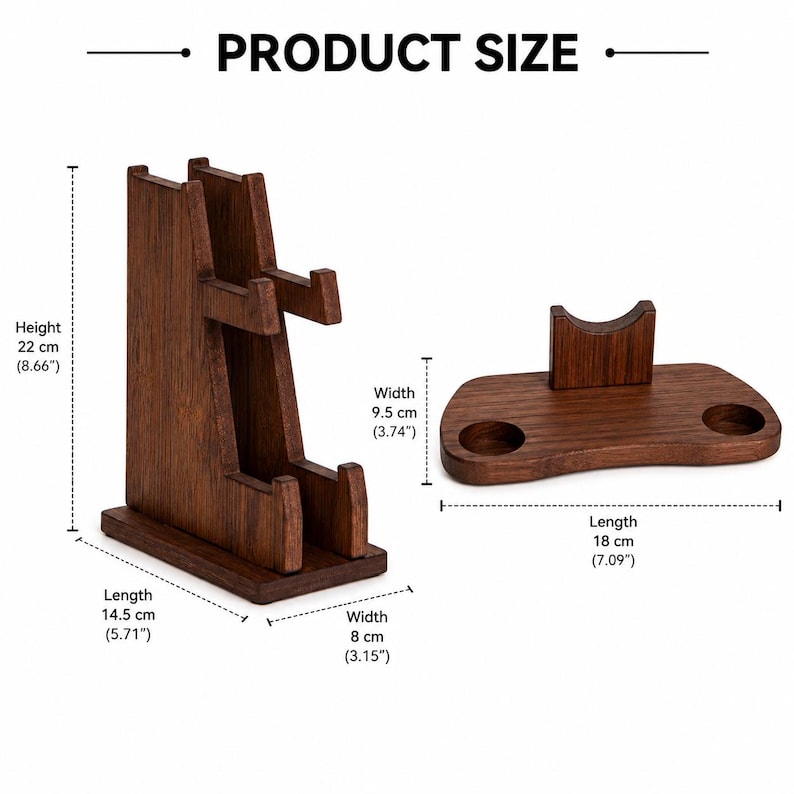 May include: A dark brown wooden stand with a vertical holder and a separate horizontal base with two circular cutouts. The vertical piece is 8.66 inches high, 5.71 inches long, and 3.15 inches wide. The horizontal piece is 7.09 inches long and 3.74 inches wide.
