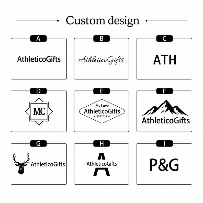 May include: A grid of nine rectangular boxes labeled A through I, each containing a unique black logo design on a white background. The text Custom design appears at the top. Logos include text like AthleticoGifts, ATH, MC, P&G, and graphic icons.